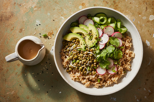 Overhead shot of the complete bowl — brown rice base with sectioned sprouted lentils, fanned avocado, cucumber, radish, spring onion, sesame seeds, coriander, and tahini dressing jug alongside.