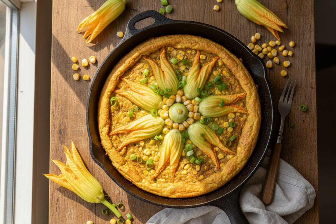 Golden plant-based frittata in a cast iron skillet with delicate yellow squash blossoms arranged on top, sweet corn kernels, and green onions