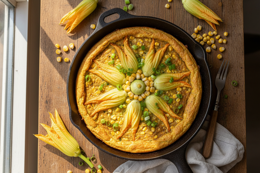 Golden plant-based frittata in a cast iron skillet with delicate yellow squash blossoms arranged on top, sweet corn kernels, and green onions