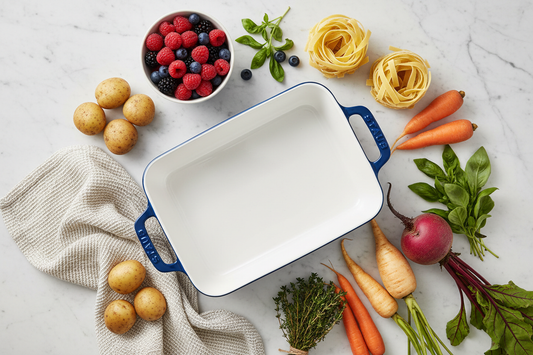 Rectangular ceramic baking dish with white interior and dark blue exterior, surrounded by fresh potatoes, berries, pasta, and vegetables on marble