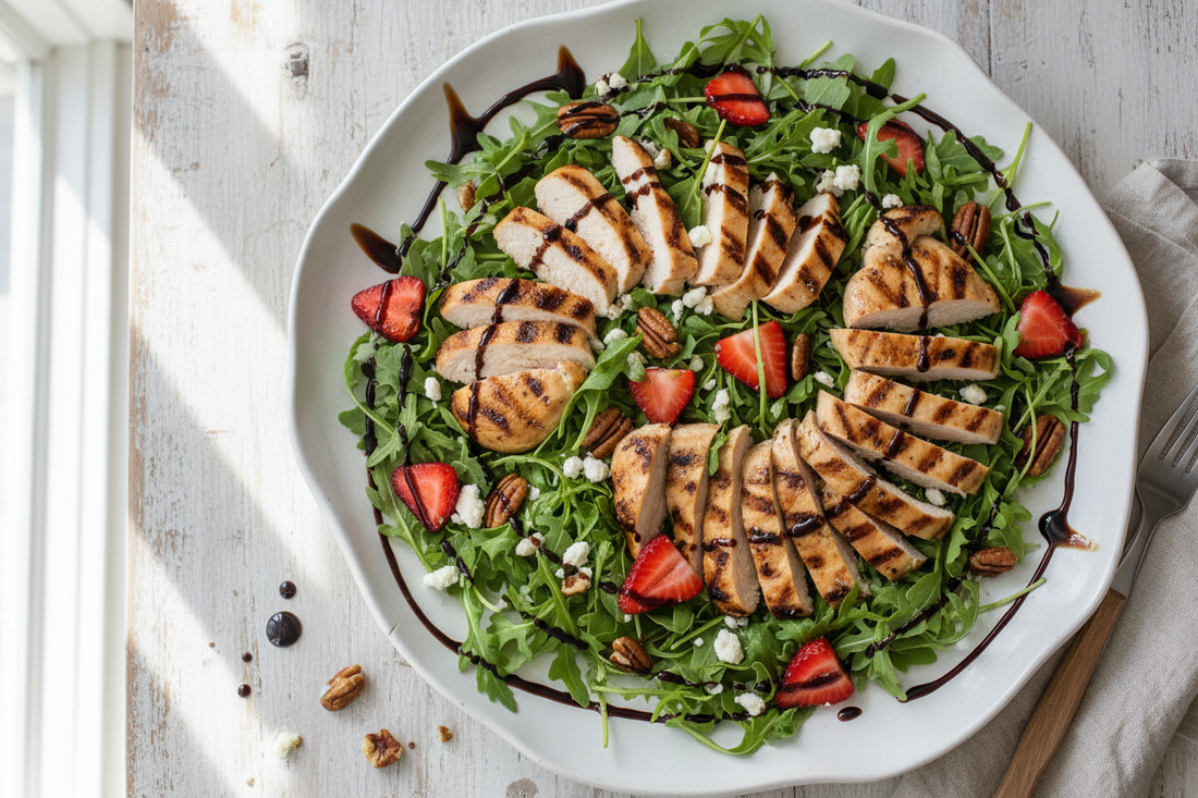 verhead view of a strawberry balsamic grilled chicken salad on a white ceramic platter with sliced grilled chicken, fresh strawberries, arugula, crumbled goat cheese, candied pecans, and balsamic glaze drizzle.