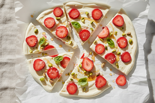 Overhead shot of strawberry basil frozen yogurt bark broken into shards on parchment paper, topped with sliced strawberries, fresh basil leaves, chopped pistachios, and a honey drizzle.