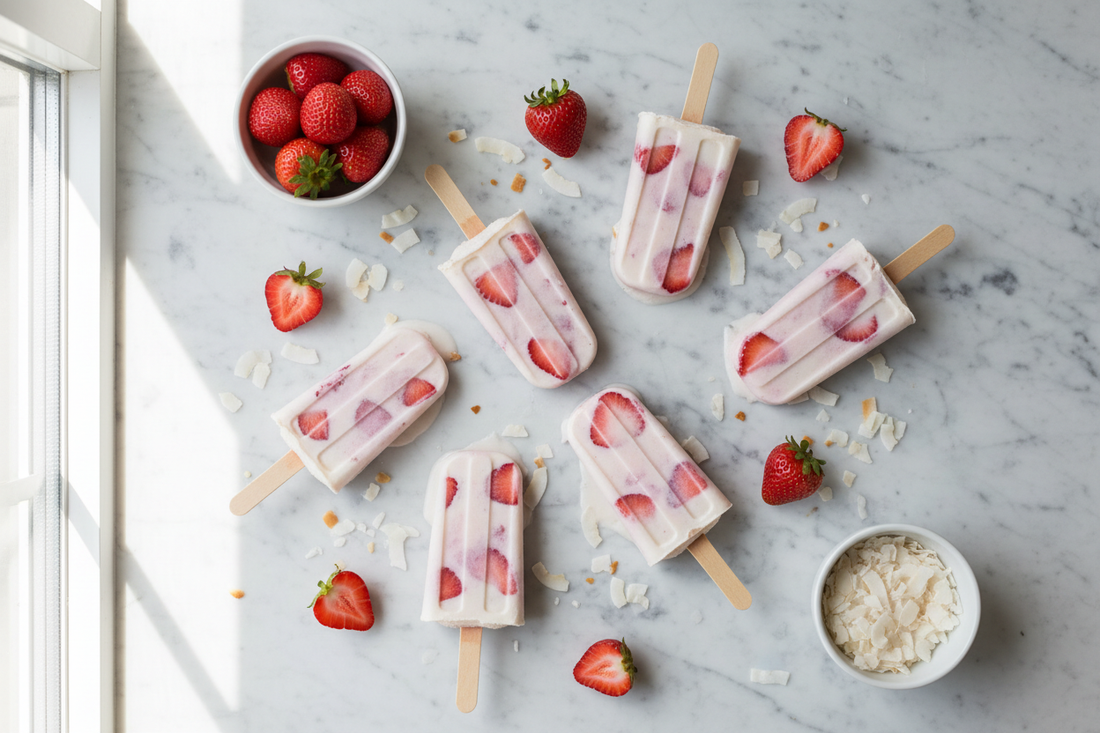 Homemade strawberry and coconut milk popsicles on a white marble surface, surrounded by fresh sliced strawberries and coconut flakes