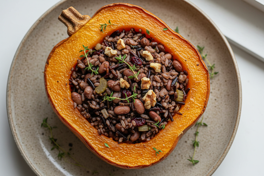 Roasted acorn squash half filled with wild rice, navy beans, celery, dried cranberries, and chopped walnuts, garnished with fresh thyme on a rustic plate