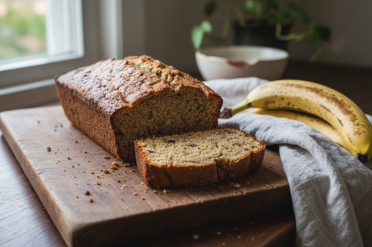 Sliced banana loaf on a worn wooden cutting board in a home kitchen, one slice laid forward to show the dense moist crumb, ripe bananas alongside, natural window light, linen cloth, a few crumbs on the board.
