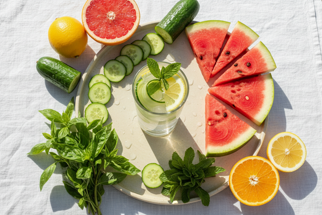 A styled flat lay of fresh summer wellness ingredients — watermelon, cucumber, citrus, basil, mint, and a glass of infused water on a warm linen surface with soft natural light.
