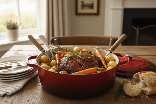 Classic Sunday pot roast in Dutch oven with tender beef, roasted carrots, potatoes, and onions in rich gravy