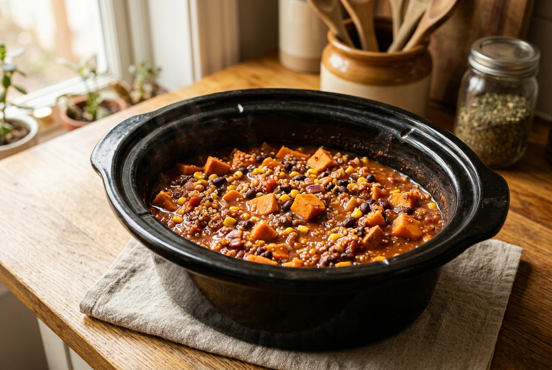 Sweet potato, black bean and quinoa chili with corn in an open black slow cooker on a wooden kitchen counter.