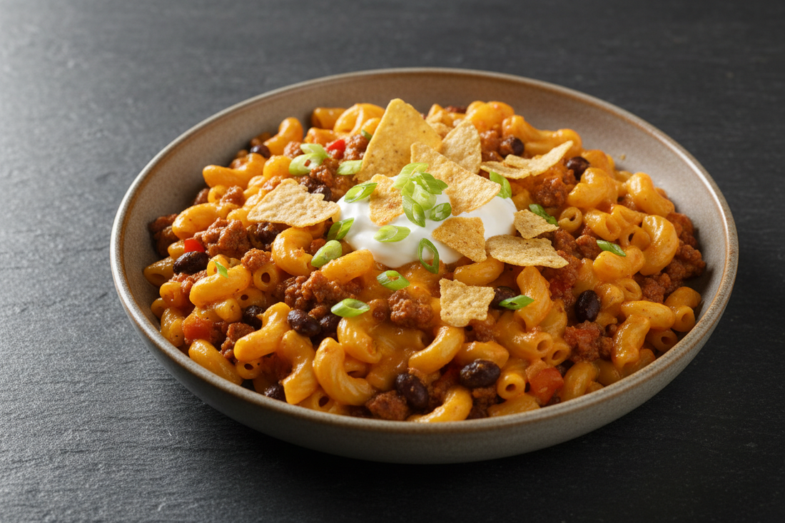 A wide shallow bowl of taco mac with seasoned beef, black beans, and glossy cheese sauce, topped with sour cream, green onions, and crushed tortilla chips, on a dark slate surface shot at a 45-degree angle with soft natural side light