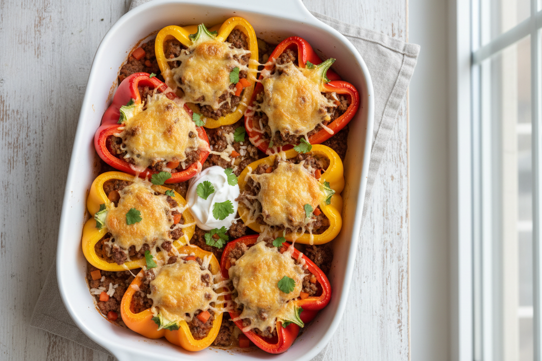 Colorful bell peppers stuffed with seasoned ground beef, rice, and melted cheese in a baking dish with cilantro garnish
