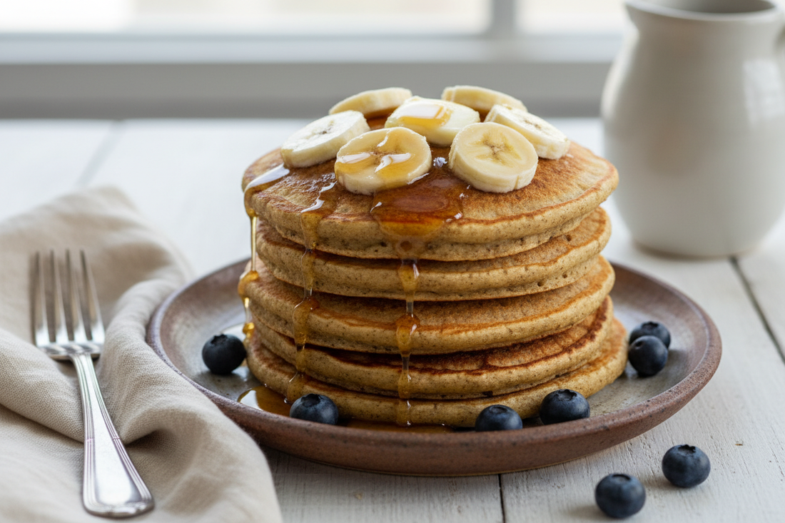 Stack of fluffy teff banana pancakes topped with fresh banana slices, maple syrup, and melting butter on a rustic ceramic plate