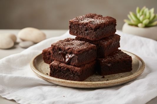 Rich fudgy chocolate brownies made with teff flour, stacked on a rustic ceramic plate showing their dense, moist texture