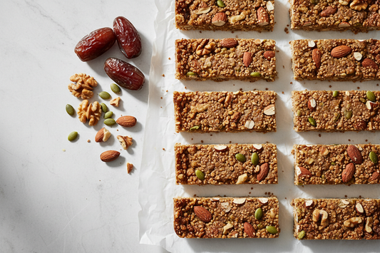 Top-down view of homemade teff energy bars cut into rectangles on parchment paper, showing visible toasted teff grains, chopped almonds, walnuts, and pumpkin seeds, with whole Medjool dates alongside.