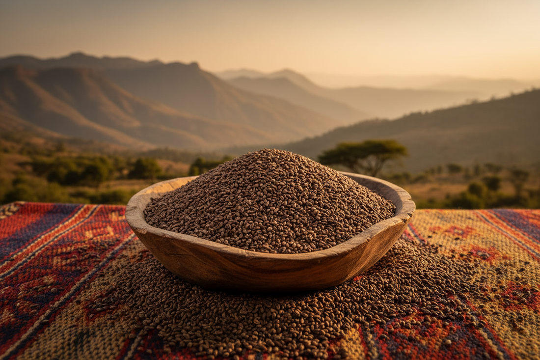 Tiny dark brown teff grains in rustic wooden bowl on Ethiopian woven fabric with highlands landscape in background