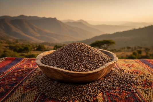 Tiny dark brown teff grains in rustic wooden bowl on Ethiopian woven fabric with highlands landscape in background