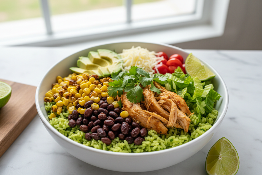 Tex-Mex burrito bowl with cilantro lime rice, black beans, corn, chicken, romaine, avocado, cheese, and lime wedges