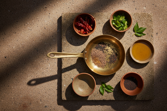 Overhead shot of a brass tadka pan surrounded by small ceramic bowls of whole spices, curry leaves, and golden ghee on a warm stone surface