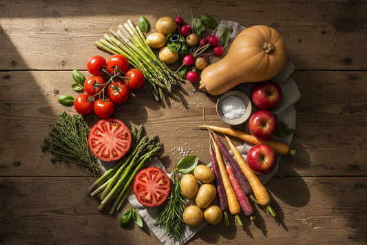 A flat lay of vibrant seasonal produce including tomatoes, asparagus, butternut squash, apples, and fresh herbs arranged on a rustic wooden surface.