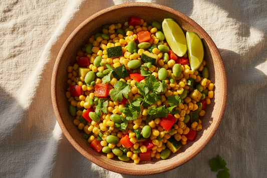 Vibrant grounded succotash in a rustic bowl featuring bright yellow corn, green lima beans, diced zucchini, red bell peppers, and fresh cilantro with lime wedges