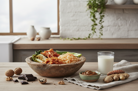 A serene kitchen scene featuring fermented foods — kimchi, sauerkraut, miso — alongside walnuts, dark chocolate, kefir, fresh turmeric and ginger, styled in soft natural light on a rustic wooden surface.