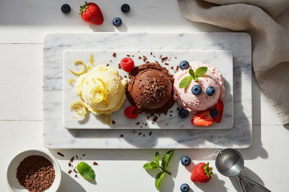 Overhead flat lay of artisan gelato scoops on marble — lemon, chocolate, and strawberry — with fresh berries, lemon zest, and mint.