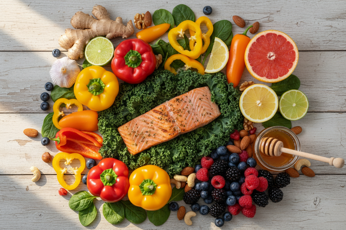 Flat lay of immune-boosting whole foods including colourful bell peppers, citrus fruits, leafy greens, salmon, garlic, ginger, berries, nuts, and honey on a wooden surface