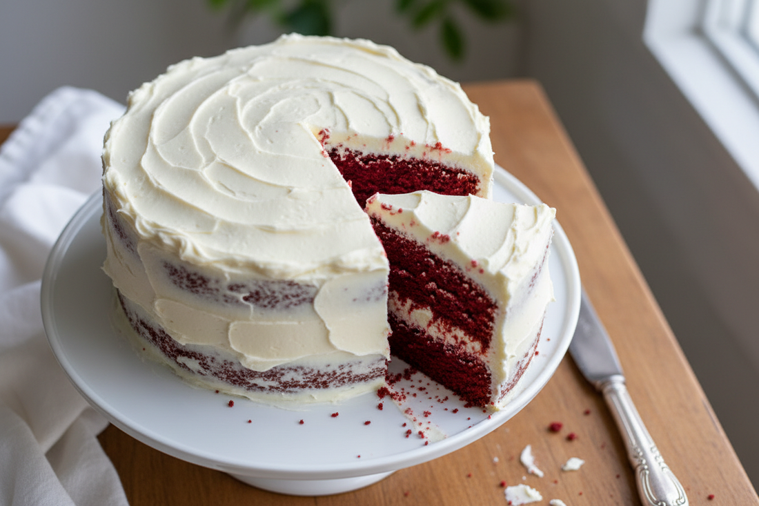 A two-layer red velvet cake on a white ceramic cake stand, one slice pulled away to reveal deep red layers with thick cream cheese frosting, styled with soft natural light and a vintage cake knife.