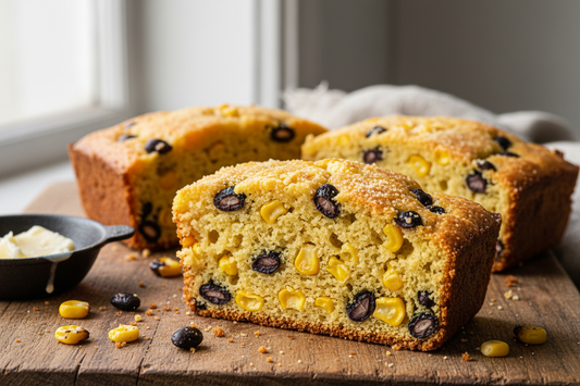 Golden savory cornbread slice on a wooden board showing moist crumb texture studded with whole black beans and sweet corn kernels