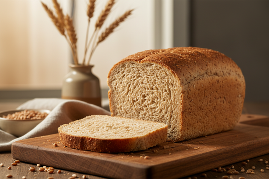 Sliced whole wheat sandwich bread loaf with soft tender crumb