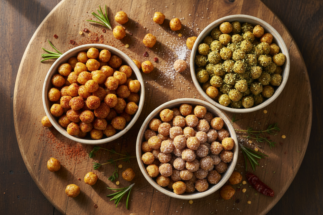 Three bowls of crispy roasted chickpeas showing smoky paprika, honey cinnamon, and za'atar lemon flavour variations on a wooden board