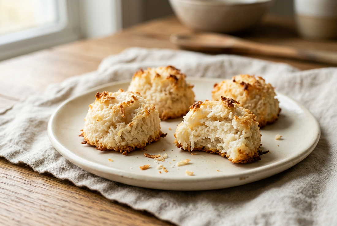 Homemade coconut macaroons with lightly golden tips on a cream plate, one broken open to reveal the chewy coconut centre.
