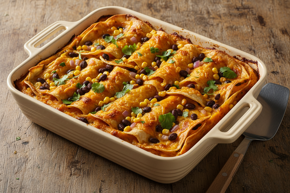 Three Sisters enchilada bake in a ceramic baking dish with layers of corn tortillas, squash cheese sauce, black beans,