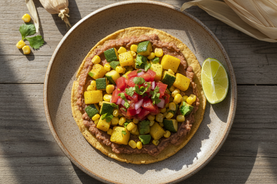 Three Sisters tostada on a rustic plate with crispy corn tortilla topped with mashed pinto beans, sautéed summer squash, corn