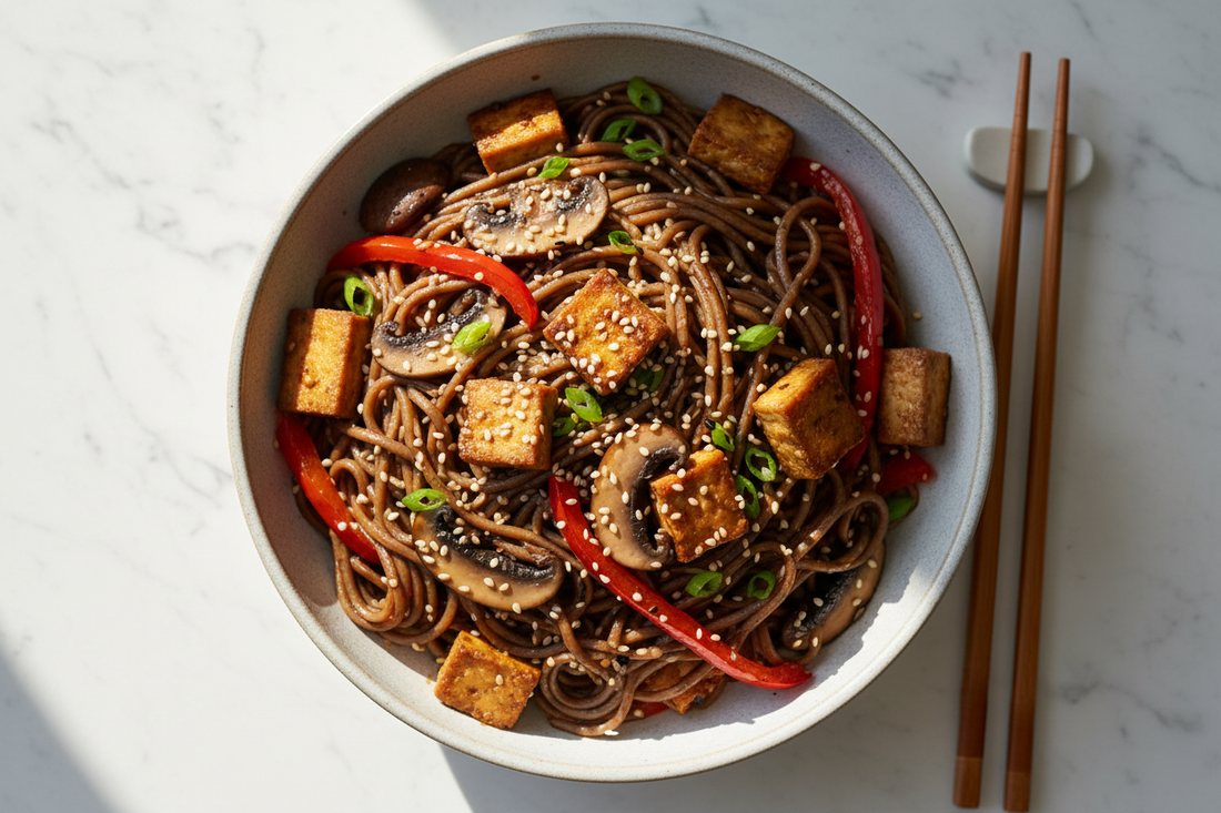 Buckwheat soba noodles stir-fried with golden tofu cubes, mushrooms, and red bell peppers in tamari sauce