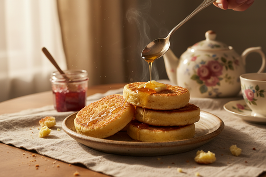 stacked crumpets on a rustic ceramic plate, butter melting into the honeycomb holes, morning tea table setting