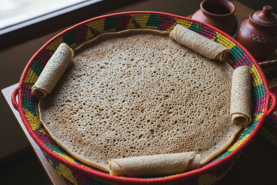 Traditional Ethiopian injera flatbread on woven basket showing characteristic spongy texture with hundreds of fermentation holes
