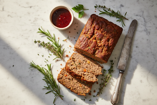 Overhead flat lay of sliced traditional meatloaf on white marble, surrounded by fresh herbs and a small ramekin of tangy glaze, styled with soft natural light.