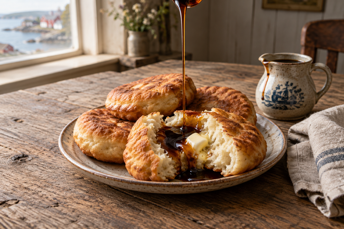Golden Newfoundland toutons served warm with melting butter and a drizzle of molasses