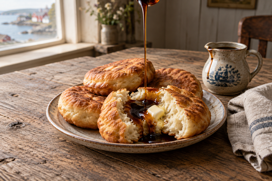 Golden Newfoundland toutons served warm with melting butter and a drizzle of molasses