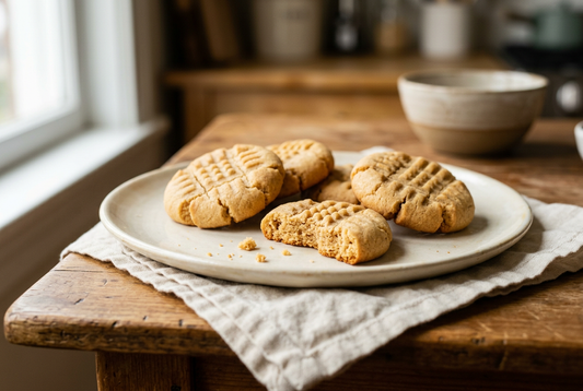 Homemade peanut butter cookies with classic criss-cross fork marks and lightly golden edges on a cream plate.