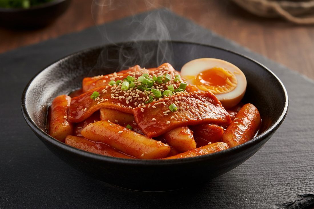  a 45° angle shot of the bowl with that glossy red sauce, rice cakes, fish cakes, soft-boiled egg, and sesame seeds.