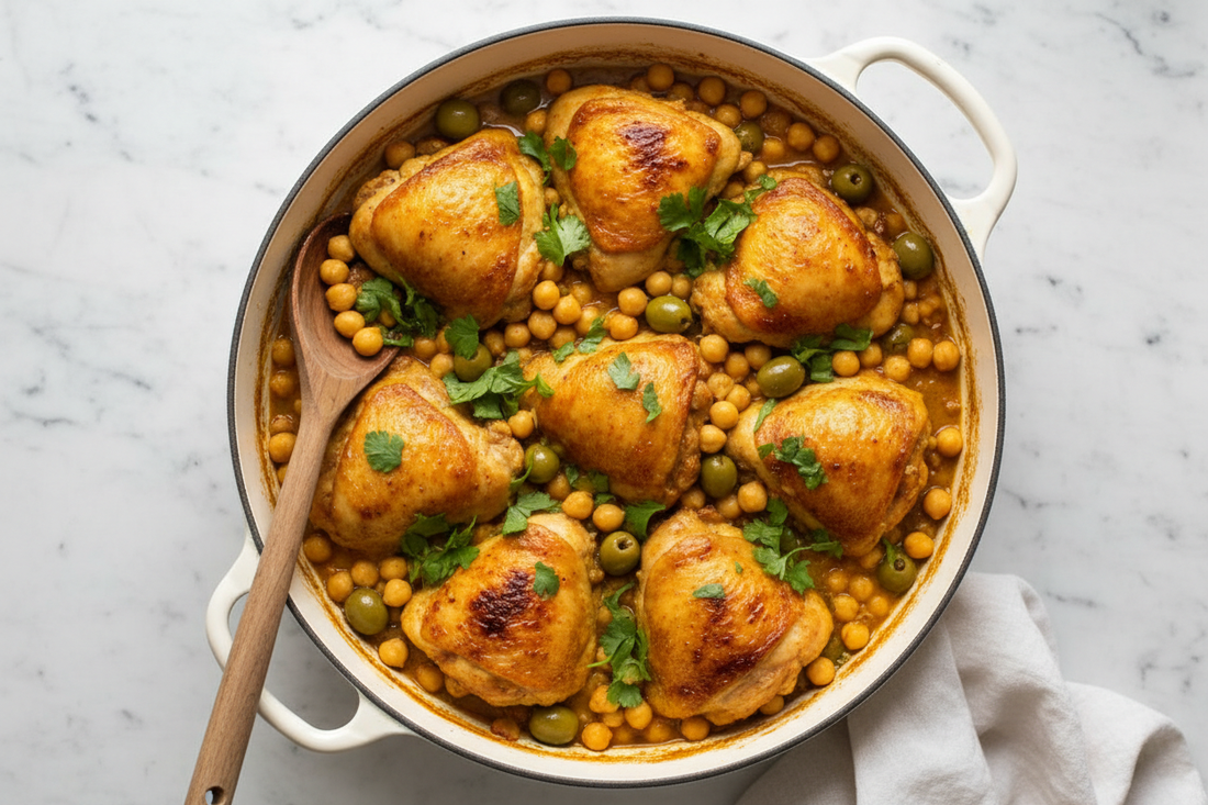A Dutch oven of slow-simmered turmeric chicken and chickpea braise — deeply golden chicken thighs in a rich amber spiced sauce with chickpeas, green olives, and fresh herbs.