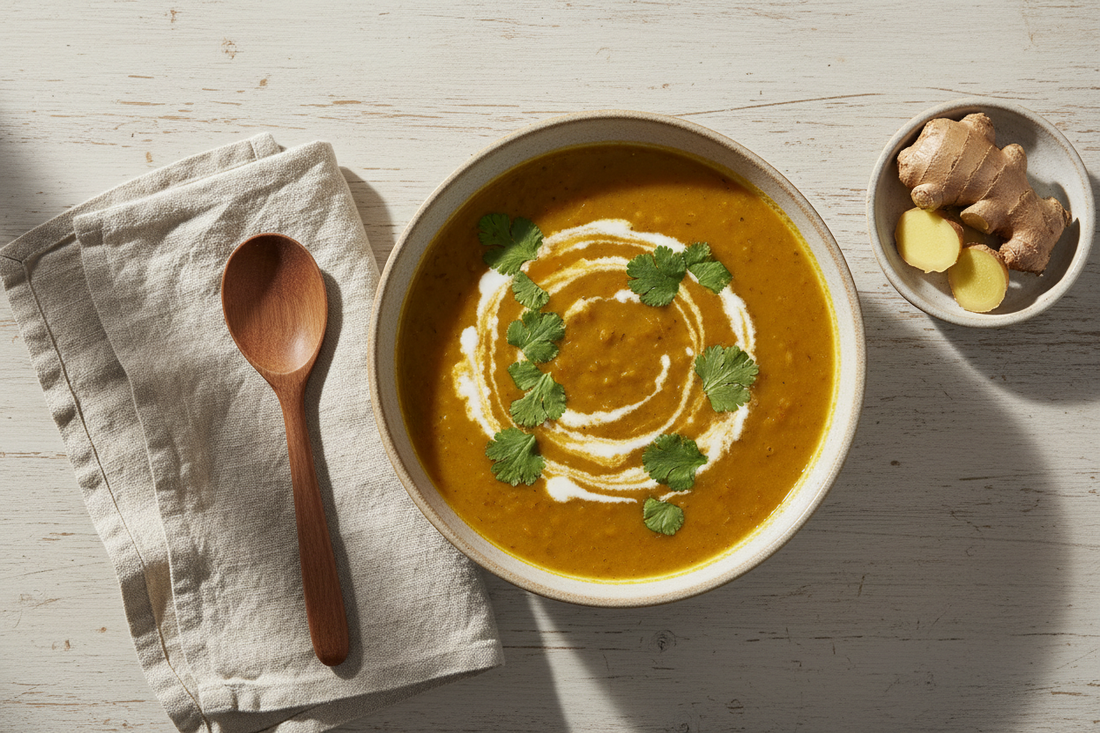 Golden turmeric ginger lentil soup in a ceramic bowl garnished with fresh coriander and coconut milk