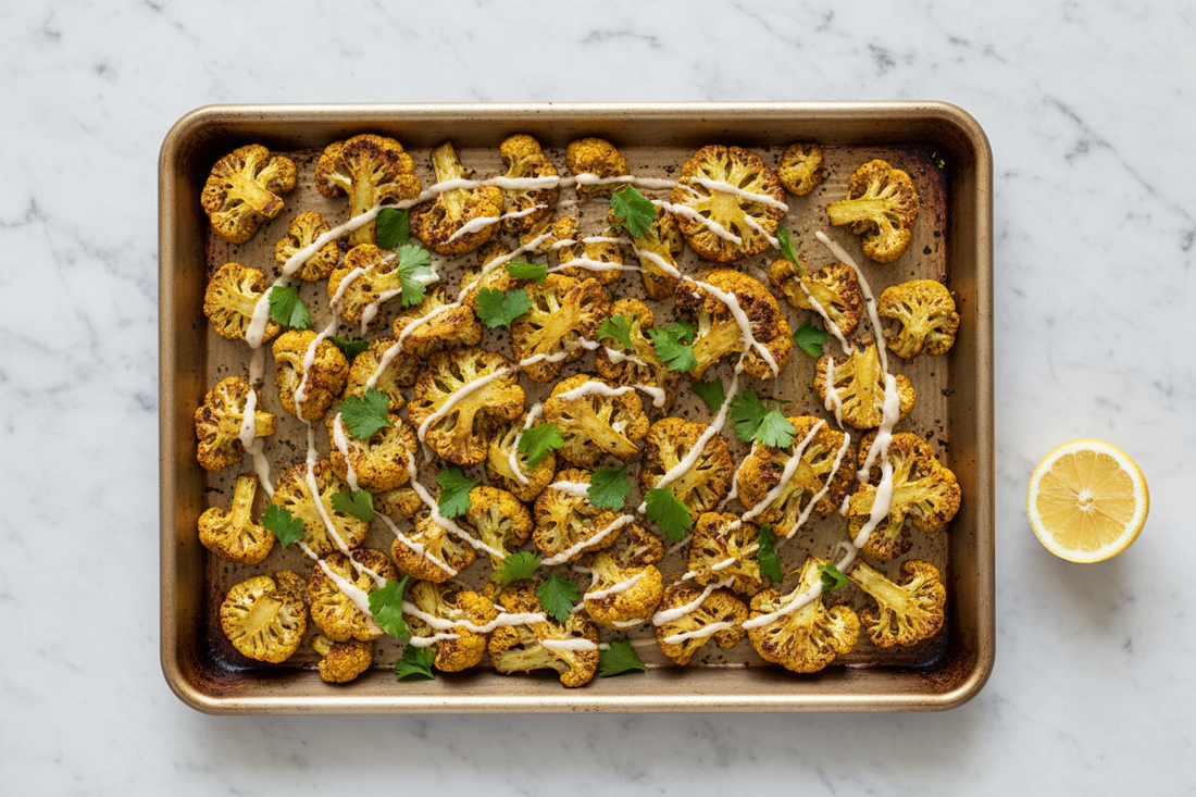 A baking tray of turmeric and black pepper roasted cauliflower, deeply golden and caramelised at the edges, scattered with fresh parsley and a drizzle of tahini — fat, piperine, and heat delivering the full curcumin bioavailability stack.