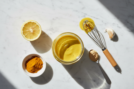 A small glass jar of golden turmeric tahini dressing surrounded by its ingredients — lemon, garlic, ground turmeric, and tahini. Two minutes, one jar, and the bioavailability stack on everything you eat.