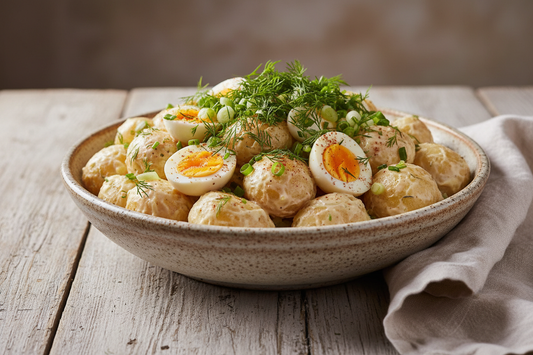 a creamy potato salad in a rustic ceramic bowl, garnished with fresh dill, chives, smoked paprika, and egg halves