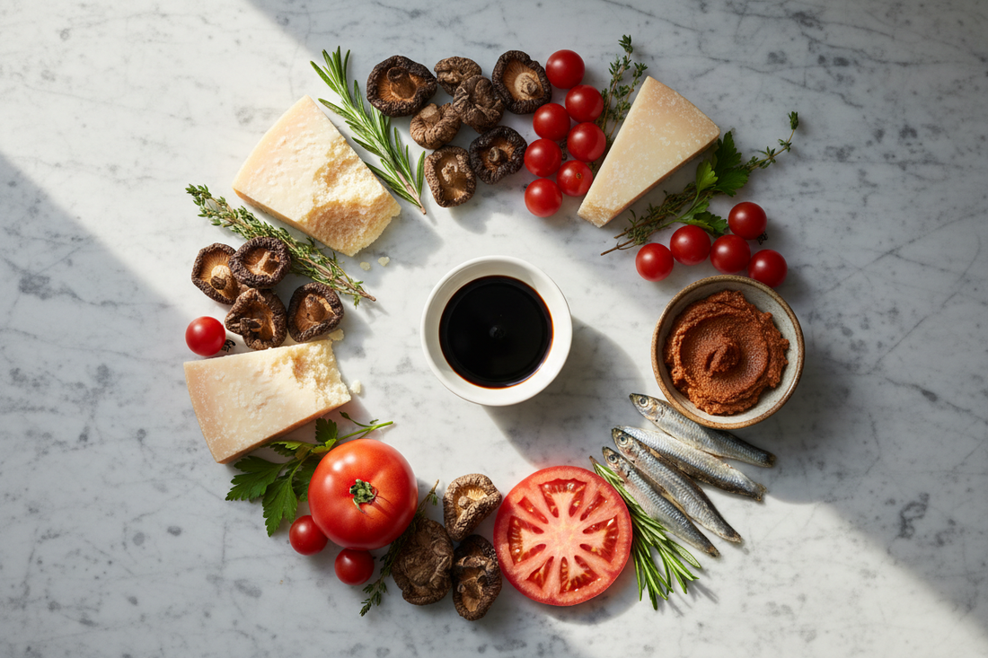 Flat lay of umami-rich ingredients including aged parmesan cheese, dried shiitake mushrooms, ripe tomatoes, soy sauce, miso paste, and anchovies on marble surface