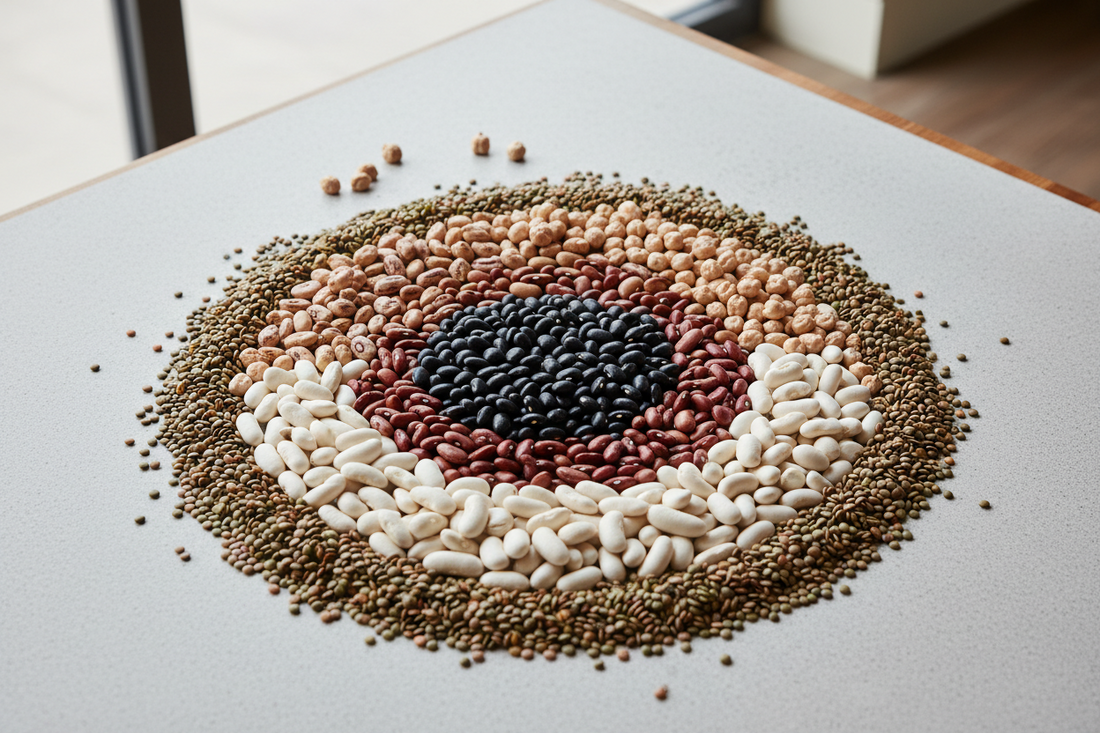 Various types of dried beans displayed in piles showing different sizes and varieties for digestive comparison