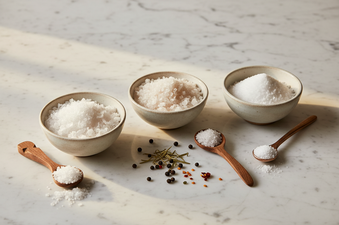 Various types of salt including flaky sea salt, kosher salt, and table salt displayed in ceramic bowls on a marble surface