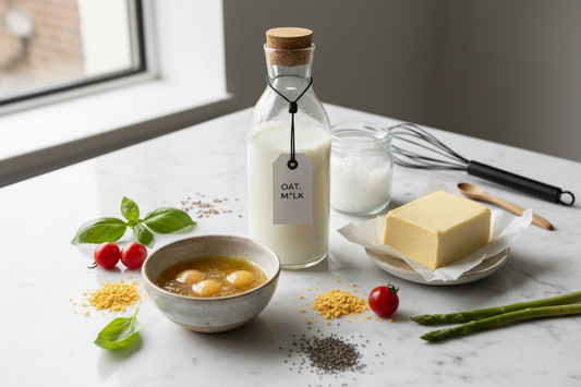 Vegan ingredient substitutes including plant-based milk, coconut oil, flax eggs, and nutritional yeast arranged on marble surface